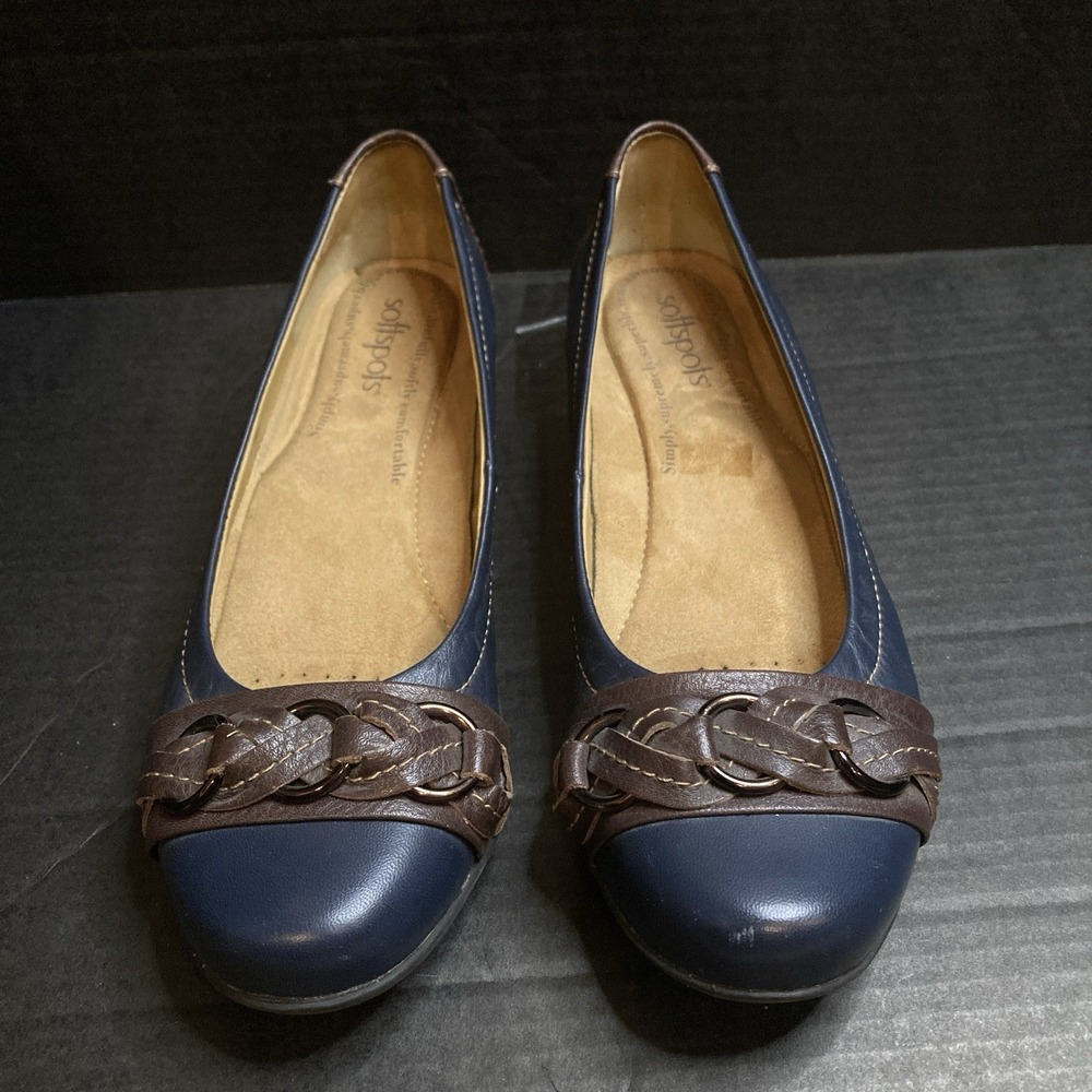 Softspots Blue and Brown Ballet Flats, Leather Upper, Size Womens 7N